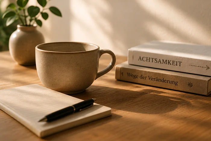 Fühlen Sie sich wohl in unserer Praxis Tisch mit Tasse und Notizblock, im Hintergrund zwei Bücher, warmer, vertrauter Ton